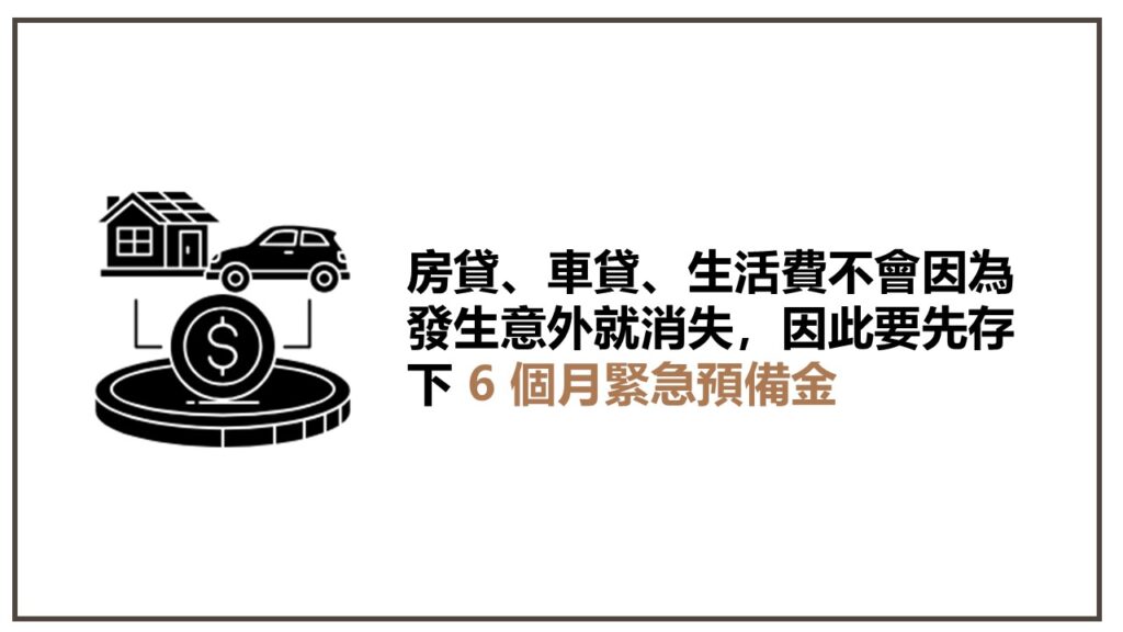 房貸、車貸、生活費不會因為發生意外就消失，因此要先存下 6 個月緊急預備金
